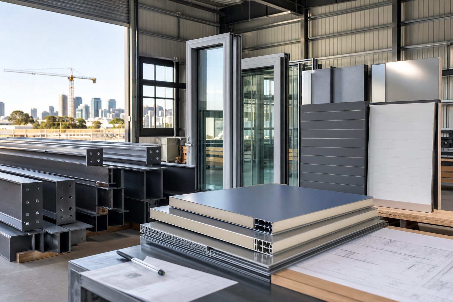 Structural steel and architectural panels prepared for construction projects